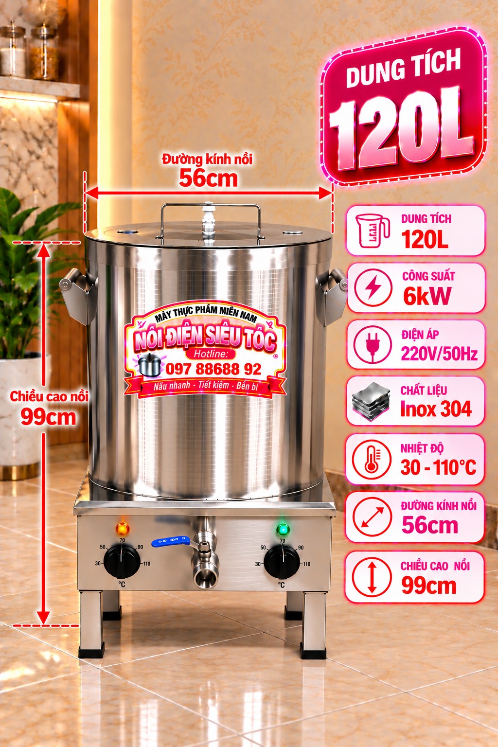 Nồi nấu phở điện Inox 304 120 lít